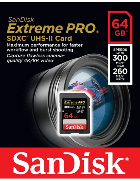 SANDISK SD 64GB EXTREME PRO V90 U3 UHS II C10 260Mb/300Mb 1667X