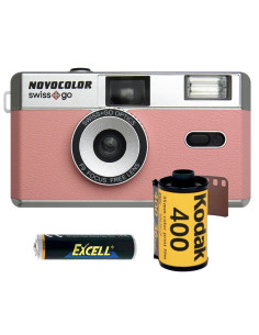 SWISS-GO PHOTO CAMERA NOVOCOLOR 35MM ANALOGICA ROSA CON BORSA E PELLICOLA GOLD 400