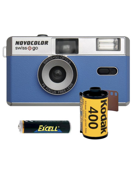 SWISS-GO PHOTO CAMERA NOVOCOLOR 35MM ANALOGICA AZZURRA CON BORSA E PELLICOLA GOLD 400