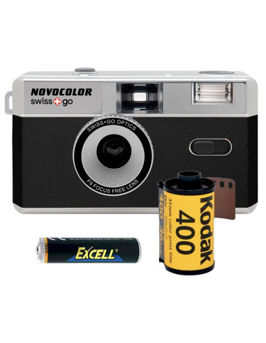 SWISS-GO PHOTO CAMERA NOVOCOLOR 35MM ANALOGICA NERA CON BORSA E PELLICOLA GOLD 400