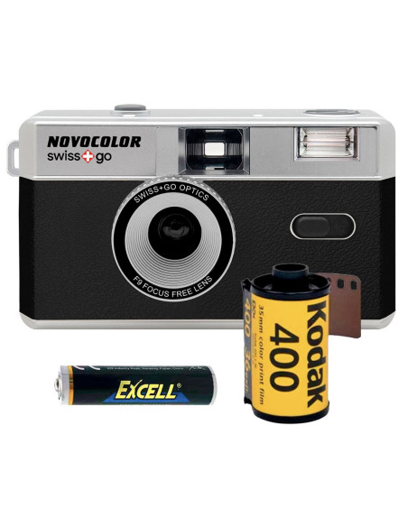 SWISS-GO PHOTO CAMERA NOVOCOLOR 35MM ANALOGICA NERA CON BORSA E PELLICOLA GOLD 400
