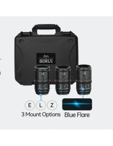 SIRUI ASTRA KIT 50MM + 75MM + 100MM T1.8 SONY E-MOUNT BLUE FLARE 1.33X FULL FRAME AUTO FOCUS ANAMORPHIC CINE LENS