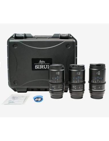 SIRUI ASTRA KIT 50MM + 75MM + 100MM T1.8 SONY E-MOUNT BLUE FLARE 1.33X FULL FRAME AUTO FOCUS ANAMORPHIC CINE LENS