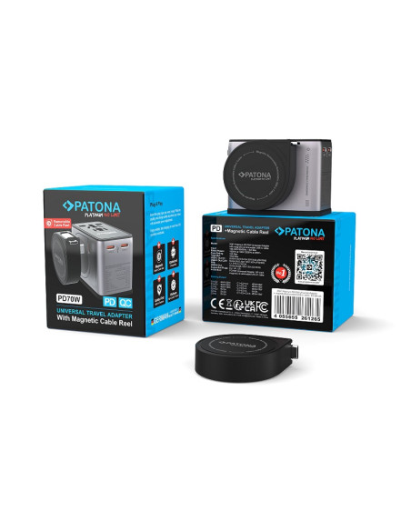 PATONA ADATTATORE DA VIAGGIO UNIVERSALE PLATINUM PD70W CON AVVOLGICAVO MAGNETICO 3X USB-C - 1X USB-A
