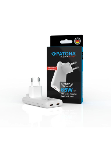 PLATINUM GAN PD65W FLAT ADAPTER WHITE 2X USB-C PD3.0 QC3.0