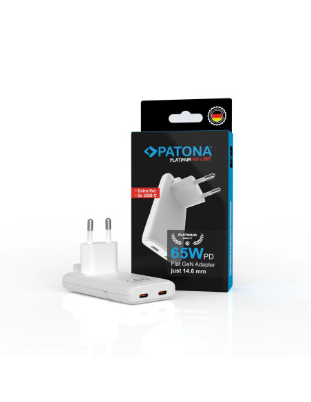 PLATINUM GAN PD65W FLAT ADAPTER WHITE 2X USB-C PD3.0 QC3.0