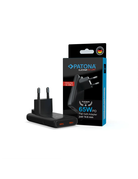 PLATINUM GAN PD65W FLAT ADAPTER BLACK 2X USB-C PD3.0 QC3.0