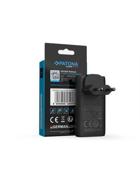 PLATINUM GAN PD65W FLAT ADAPTER BLACK 2X USB-C PD3.0 QC3.0