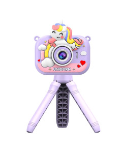 KIDS PHOTO CAMERA DIGITAL BUBBLE MICRO SD 2"IPS HD SCREEN PURPLE + COVER UNICORN +TRIPOD