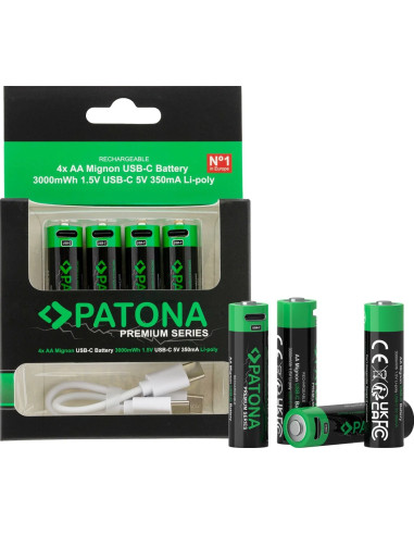 Premium 4X AA Batterie Ricaricabili al Litio con porta USB-C 2000mAh 1.5V con cavo incluso
