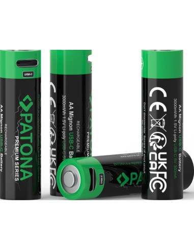 Premium 4X AA Batterie Ricaricabili al Litio con porta USB-C 2000mAh 1.5V con cavo incluso