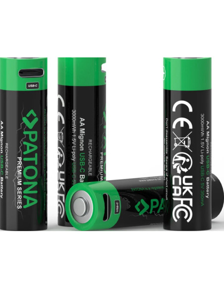 Premium 4X AA Batterie Ricaricabili al Litio con porta USB-C 2000mAh 1.5V con cavo incluso