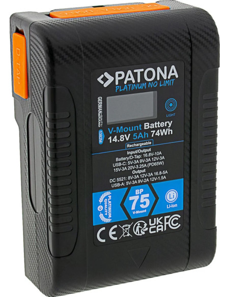 Batteria Platinum V-Mount BP-75W PD65 74Wh USB-C USB-A 2xD-Tap DC-out