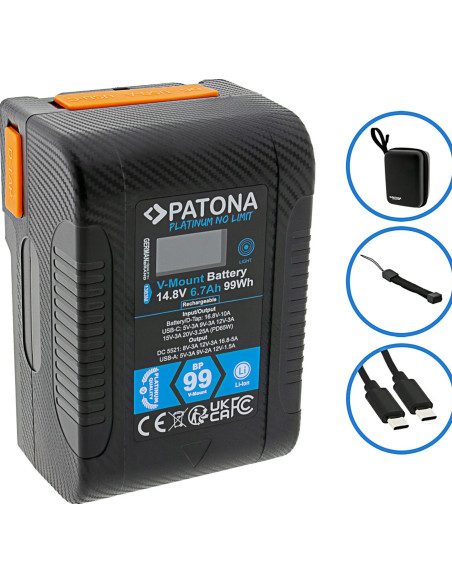 Platinum V-Mount Batteria BP-99W PD65 99Wh USB-C USB-A 2xD-Tap DC-out inclusa Custodia rigida