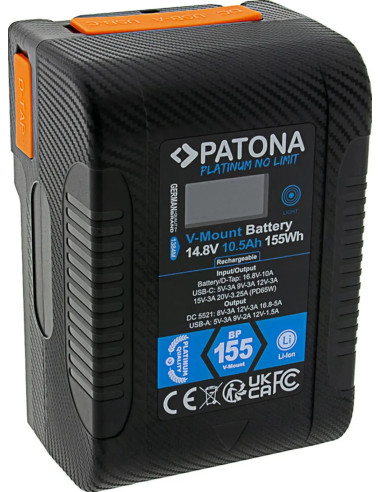 Platinum V-Mount Batteria BP-155W PD65 155Wh USB-C USB-A 2xD-Tap DC-out inclusa Custodia rigida