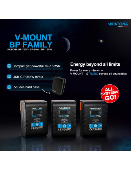 Platinum V-Mount Batteria BP-155W PD65 155Wh USB-C USB-A 2xD-Tap DC-out inclusa Custodia rigida