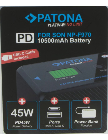 Platinum per Sony NP-F970 10500mAh PD45W 1xUSB-C 1xUSB-A inclusa custodia