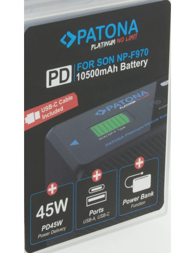 Platinum per Sony NP-F970 10500mAh PD45W 1xUSB-C 1xUSB-A inclusa custodia
