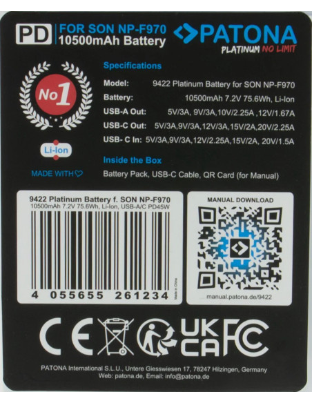 Platinum per Sony NP-F970 10500mAh PD45W 1xUSB-C 1xUSB-A inclusa custodia