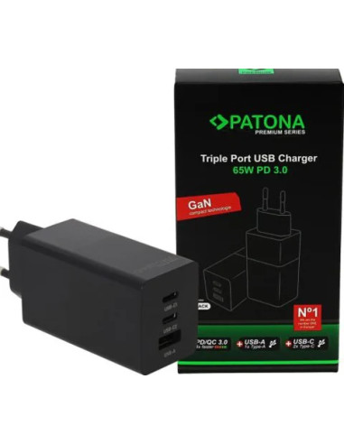 Alimentatore Premium GaN PD65W nero 2xUSB-C 1xUSB-A PD3.0 QC3.0 Nero