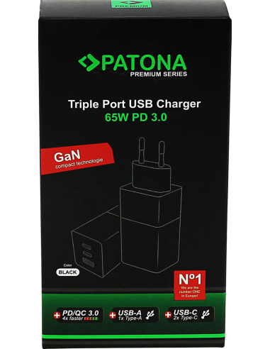 Alimentatore Premium GaN PD65W nero 2xUSB-C 1xUSB-A PD3.0 QC3.0 Nero