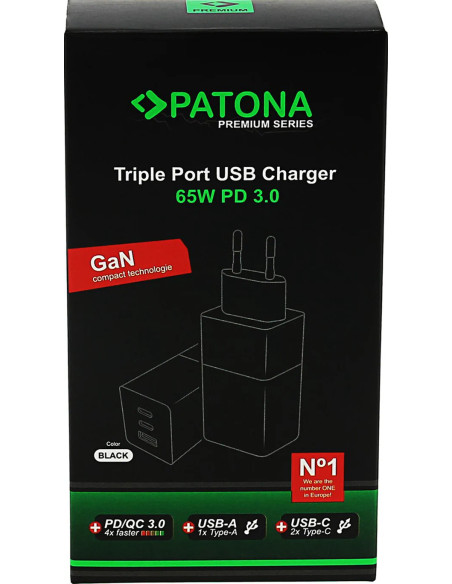 Alimentatore Premium GaN PD65W nero 2xUSB-C 1xUSB-A PD3.0 QC3.0 Nero