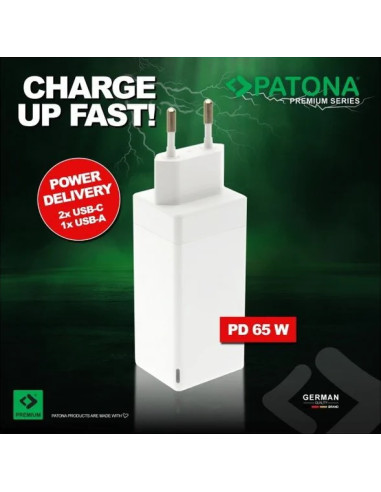 Alimentatore Premium GaN PD65W nero 2xUSB-C 1xUSB-A PD3.0 QC3.0 bianco