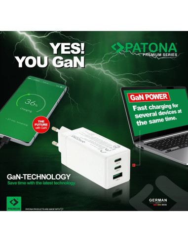 Alimentatore Premium GaN PD65W nero 2xUSB-C 1xUSB-A PD3.0 QC3.0 bianco