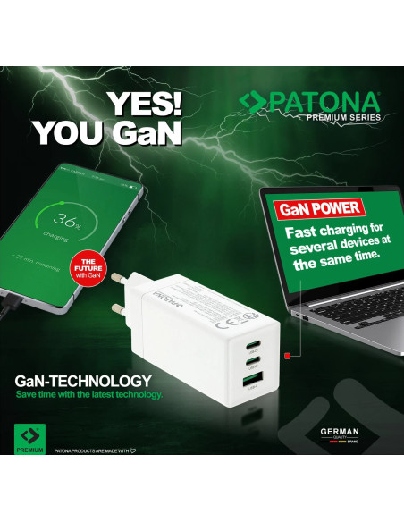 Alimentatore Premium GaN PD65W nero 2xUSB-C 1xUSB-A PD3.0 QC3.0 bianco