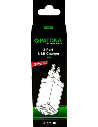 Alimentatore Premium GaN PD65W nero 2xUSB-C 1xUSB-A PD3.0 QC3.0 bianco