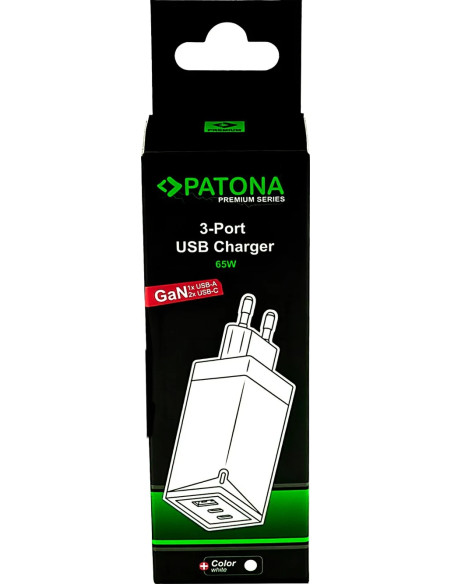 Alimentatore Premium GaN PD65W nero 2xUSB-C 1xUSB-A PD3.0 QC3.0 bianco