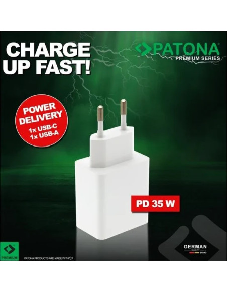 PATONA PREMIUM PD36W ADAPTER 5V/3A 9V/2A 12V/1.5A 1XUSB-C 1XUSB-A PD3.0 QC3.0 BIANCO