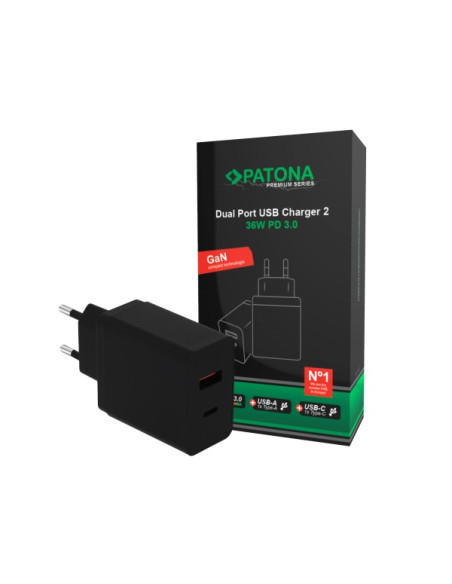 PATONA PREMIUM PD36W ADAPTER 5V/3A 9V/2A 12V/1.5A 1XUSB-C 1XUSB-A PD3.0 QC3.0
