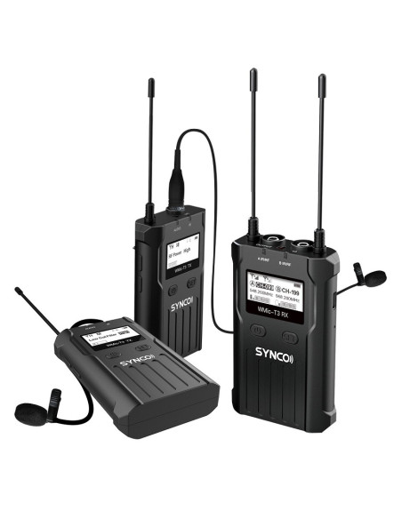 SYNCO T3 SISTEMA WIRELESS UHF 180MT PROFESSIONALE OMNIDIREZIONALE A LAVALIER BATT. INTEGRATA - 2 TRASMETTITORI + 1 RICEVITORE