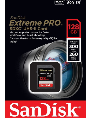 SANDISK SD 128GB EXTREME PRO V90 U3 UHS II C10 260Mb/300Mb 1667X