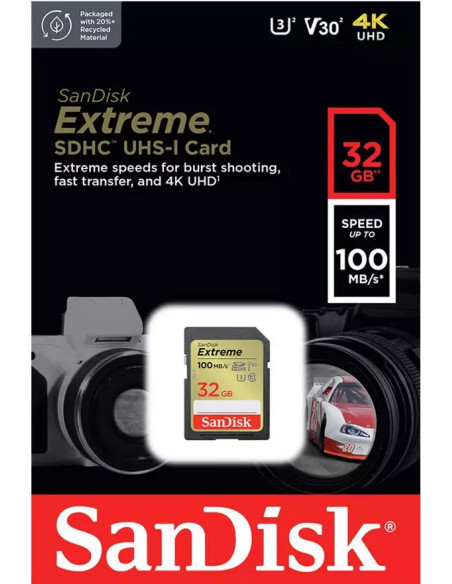 Secure Digital Extreme 32GB HC V30, U3, UHS I, C10 - 100MB/s lettura, 60MB/s scrittura