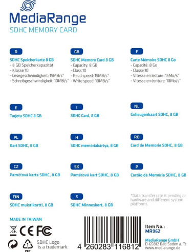 MediaRange MR962 8 GB SDHC Classe 10