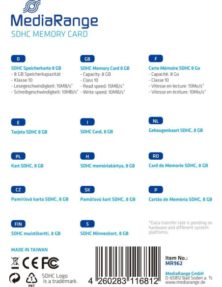 MediaRange MR962 8 GB SDHC Classe 10