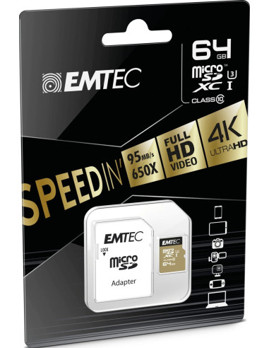 EMTEC MICRO SD HC 64GB CL.10 SPEEDIN PRO 100Mb/100Mb U3 V30 CON ADATTATORE