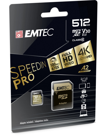 EMTEC MICRO SD 512GB UHS-I SPEEDIN 100Mb/100Mb U3 V30 A2 CON ADATTATORE