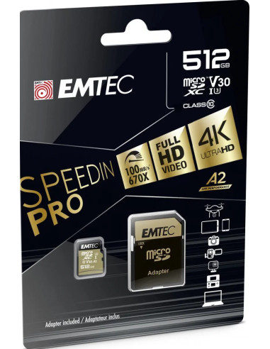 EMTEC MICRO SD 512GB UHS-I SPEEDIN 100Mb/100Mb U3 V30 A2 CON ADATTATORE