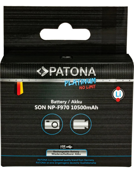 PATONA PLATINUM BATTERY WITH PD20W USB-C IN/OUT FOR SONY NP-F970 F960 F950 PD20W USB-A 5V/2A
