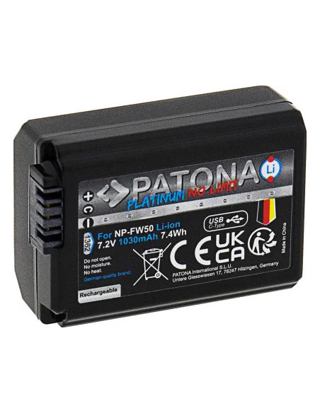 PATONA PLATINUM BATTERY WITH USB-C INPUT FOR SONY NP-FW50 NEX.3 NEX.3C NEX.5 NEX.5A
