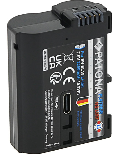 PATONA PLATINUM BATTERY WITH USB-C INPUT FOR NIKON 1 V1 EN-EL15 EN-EL15B EN-EL15C ENEL 15 D7000 D800 D600 Z6 Z7