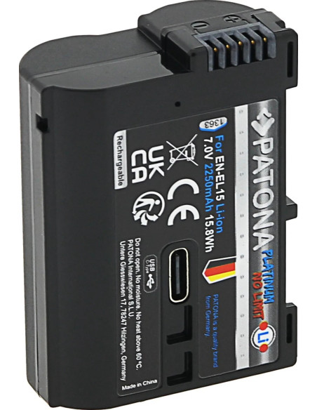 PATONA PLATINUM BATTERY WITH USB-C INPUT FOR NIKON 1 V1 EN-EL15 EN-EL15B EN-EL15C ENEL 15 D7000 D800 D600 Z6 Z7