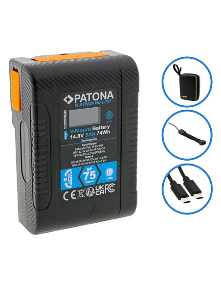 PATONA PLATINUM BATTERY V-MOUNT BP-75W PD65 74WH USB-C USB-A D-TAP DC-OUT HARDCASE