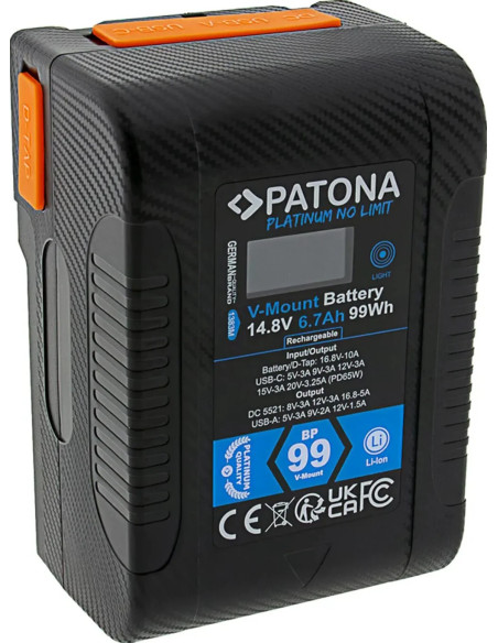 Platinum V-Mount Batteria BP-99W PD65 99Wh USB-C USB-A 2xD-Tap DC-out inclusa Custodia rigida