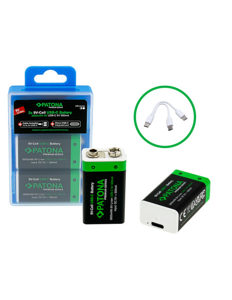 2x Batterie 9V Premium USB-C 3600mWh 1,5V