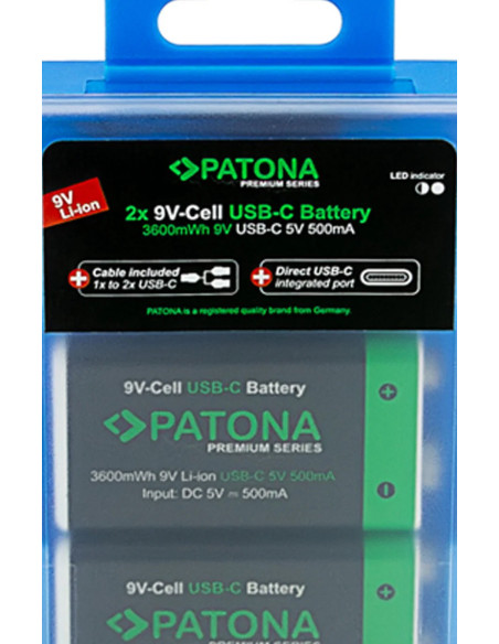 2x Batterie 9V Premium USB-C 3600mWh 1,5V