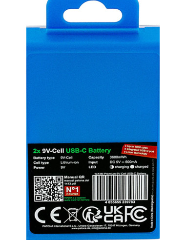 2x Batterie 9V Premium USB-C 3600mWh 1,5V